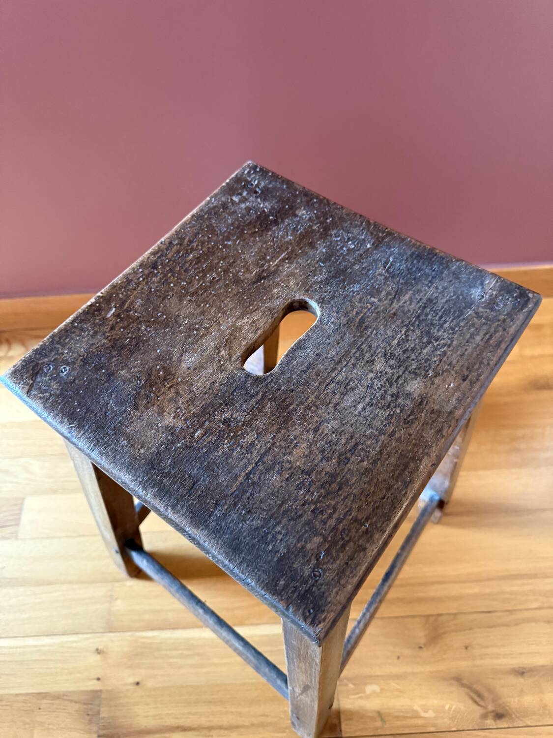 Old workshop stool, solid wood kitchen