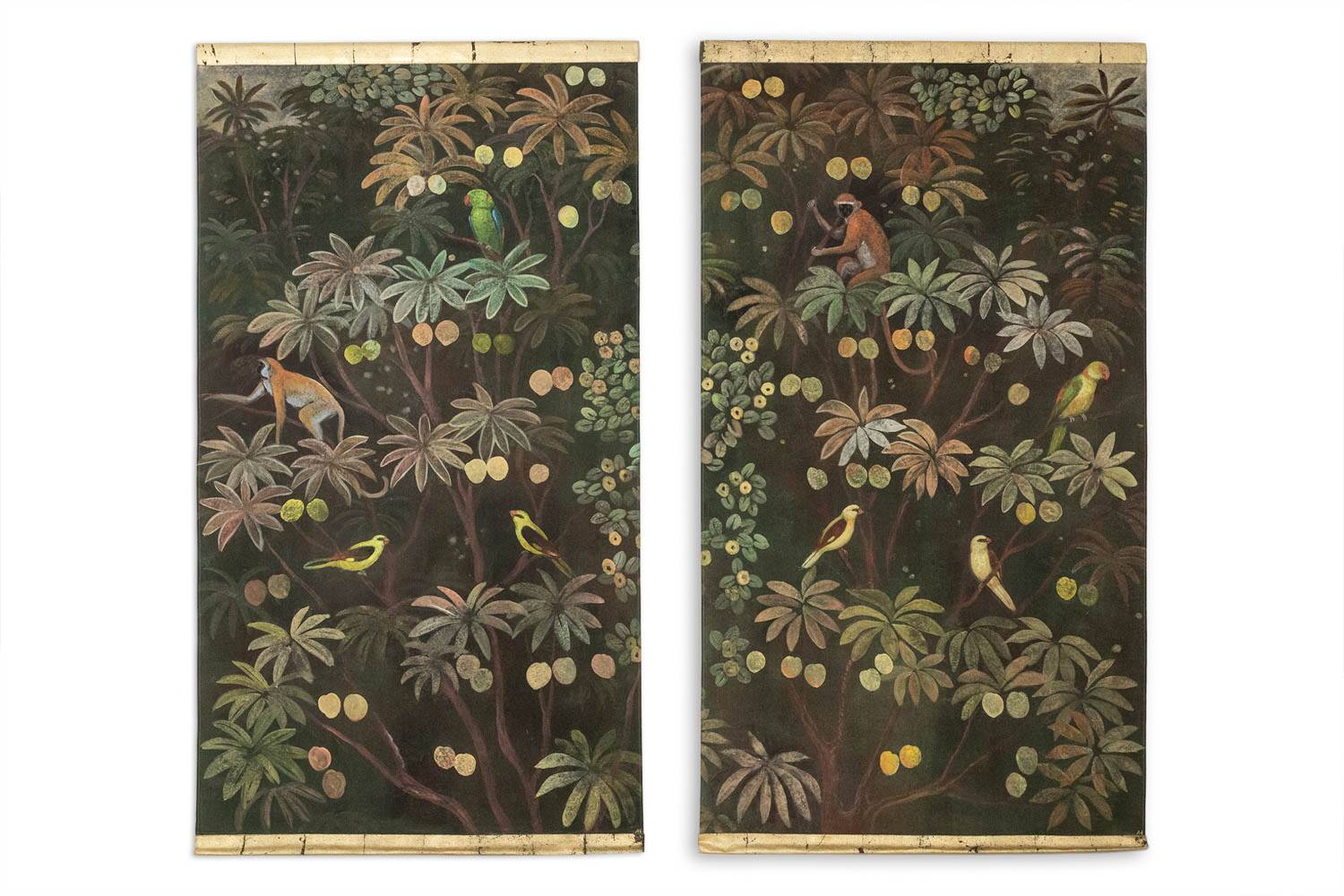 Painted canvas depicting animals on an exotic background. Contemporary.