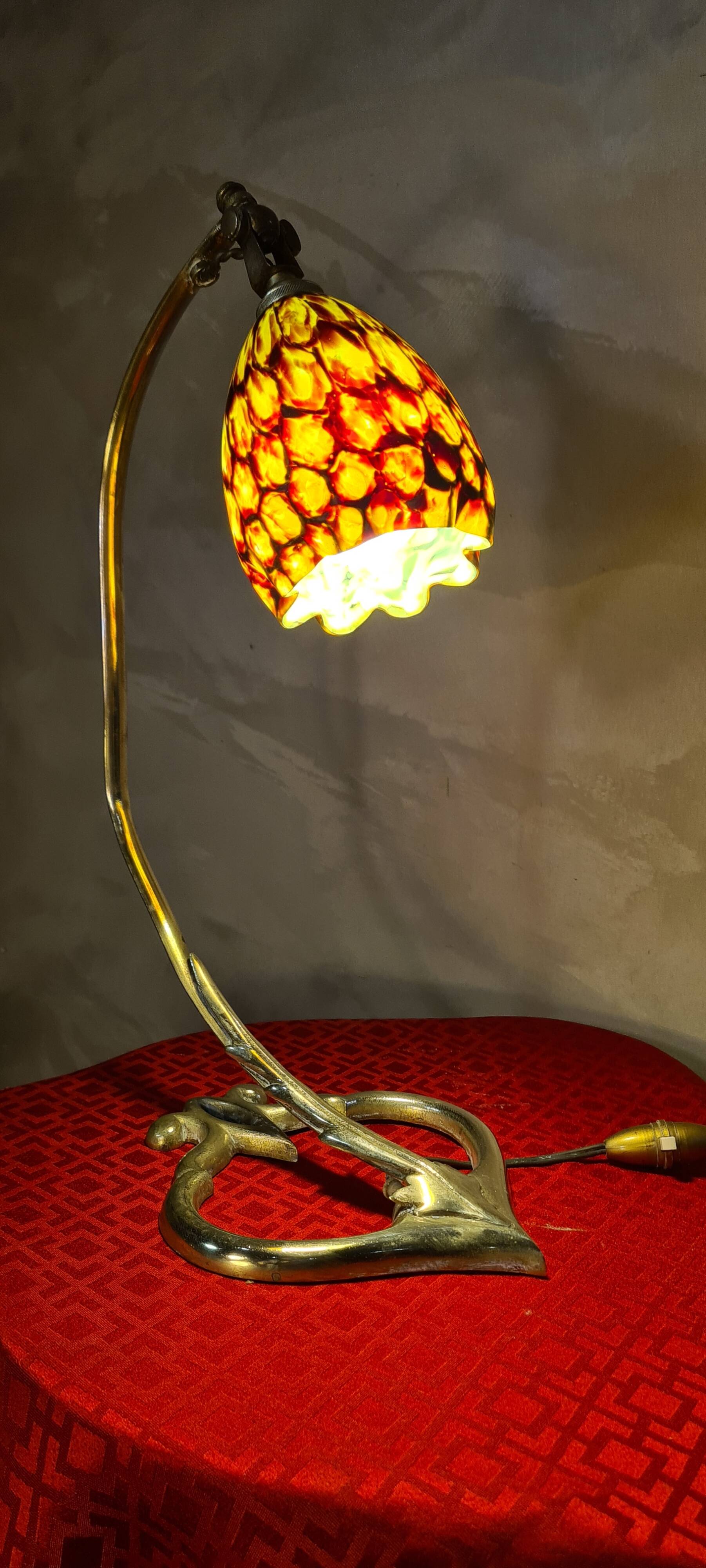 bronze and brass art nouveau lamp h 45x30 superb glass tulip 1930 elec