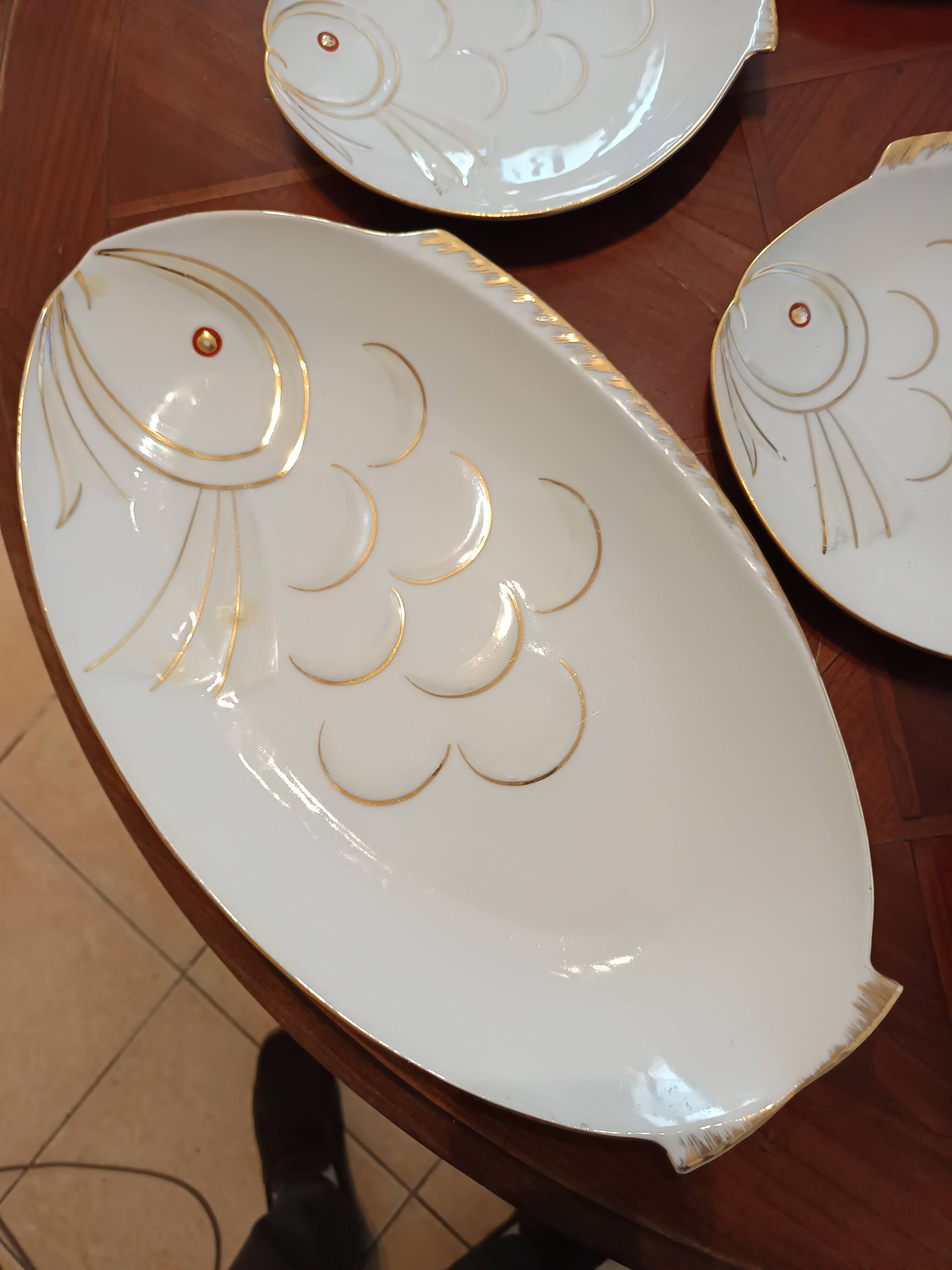 service à poisson 12 assiettes Limoges "Réva"  1940 peint à la main