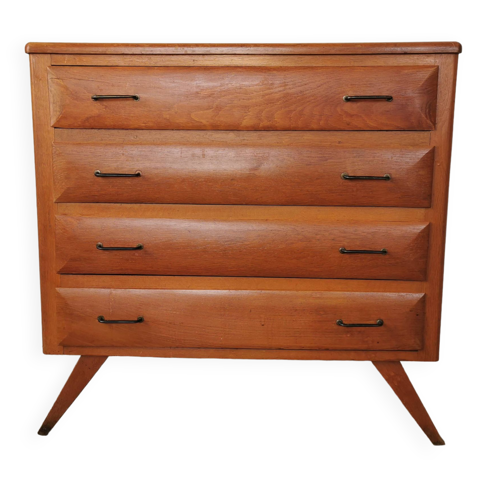 Vintage chest of drawers with compass legs, in oak.