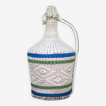 Large vintage bottle, scoubidou bottle, lady jeanne, weaving plastic threads, interior decoration