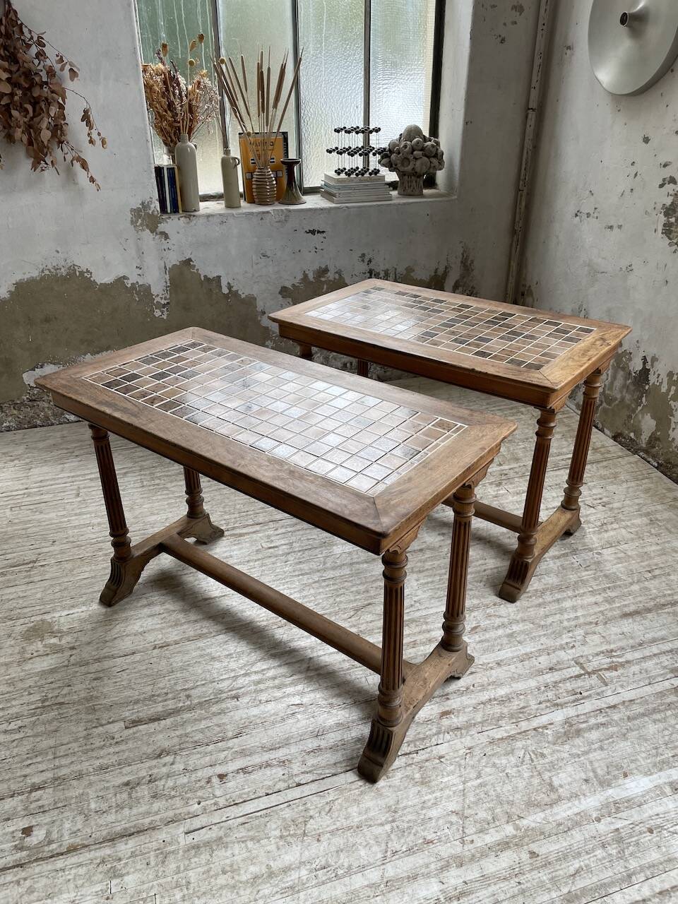 Set of two bistro tables in walnut and tiling from 1890.