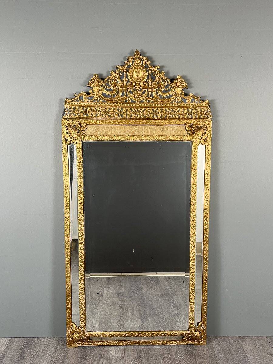 Large antique gilded metal mirror, 19th century