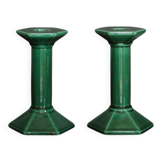 Paire de bougeoir vintage, bougeoir céramique verte, porte-bougie, bougeoir