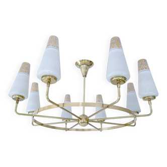 Grande Suspension Vintage Italienne, Années 50, Verre Laiton
