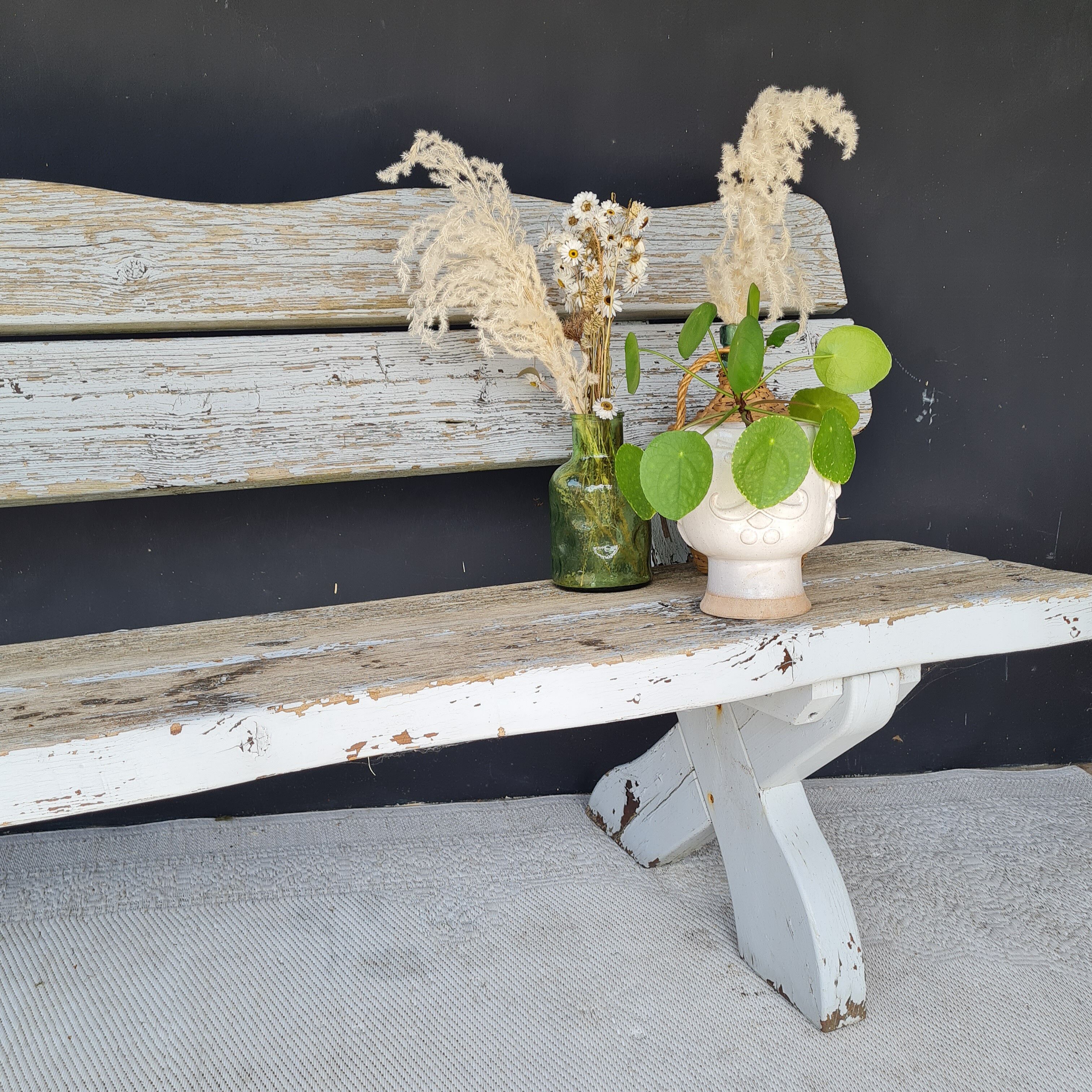 Exterior bench in patinated white solid wood