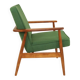 Scandinavian modern chair in green wool, vintage wooden armchair.
