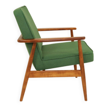 Scandinavian modern chair in green wool, vintage wooden armchair.