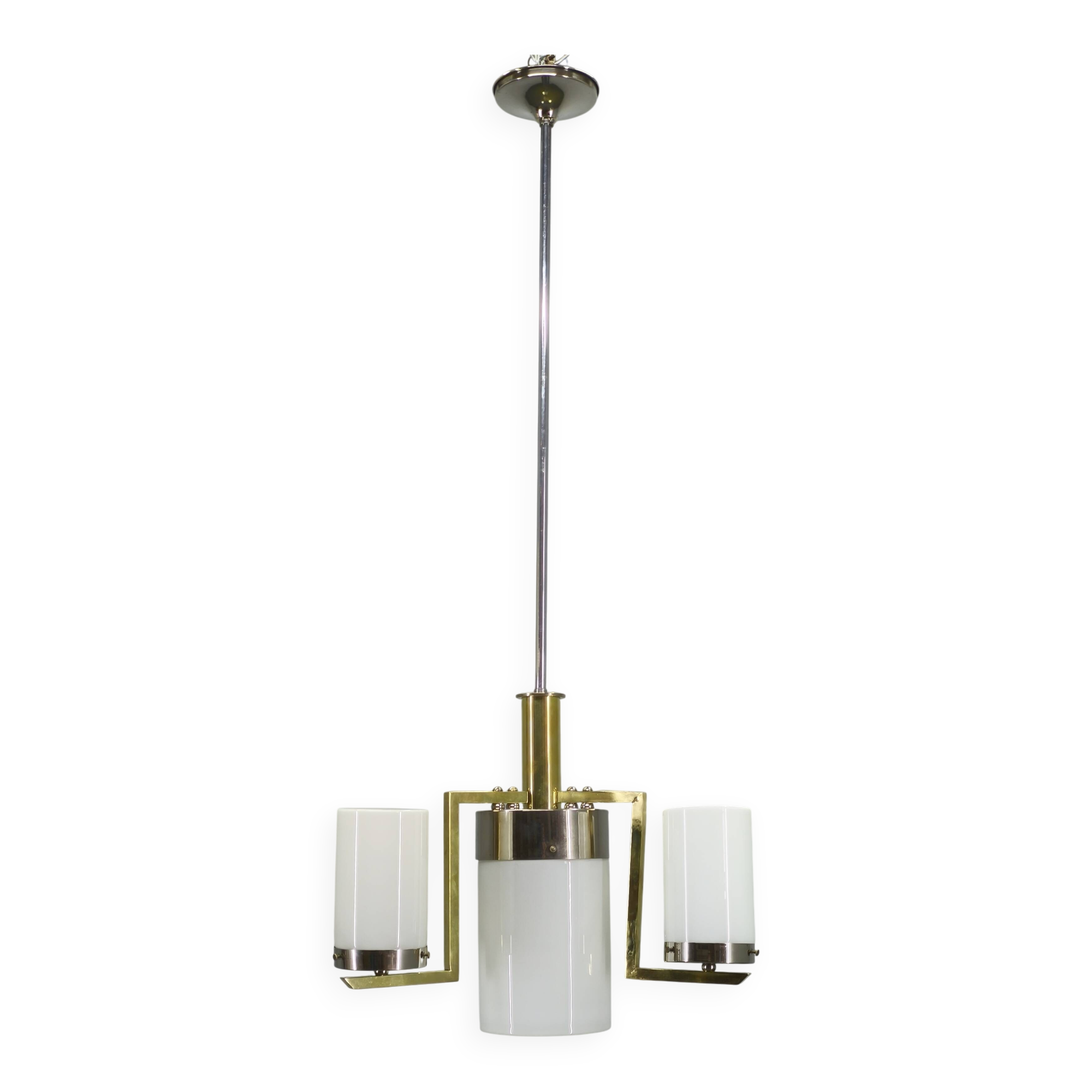 Czechoslovak Art Deco Chandelier in Brass and Chrome with Opaline Glass, 1930s