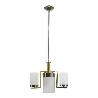 Czechoslovak Art Deco Chandelier in Brass and Chrome with Opaline Glass, 1930s