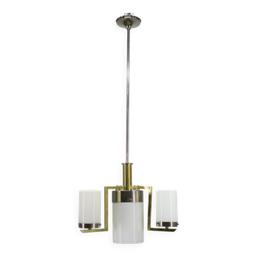 Czechoslovak Art Deco Chandelier in Brass and Chrome with Opaline Glass, 1930s