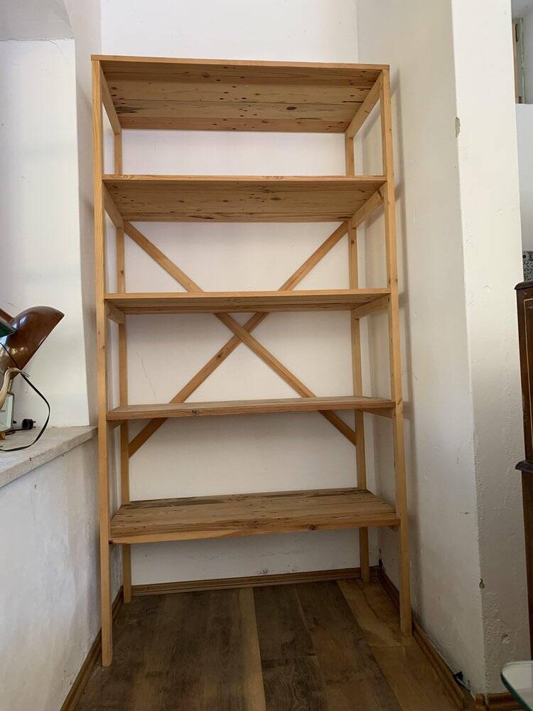 Vintage beige pine high bookshelf - Open shelf Hungary, 1980s