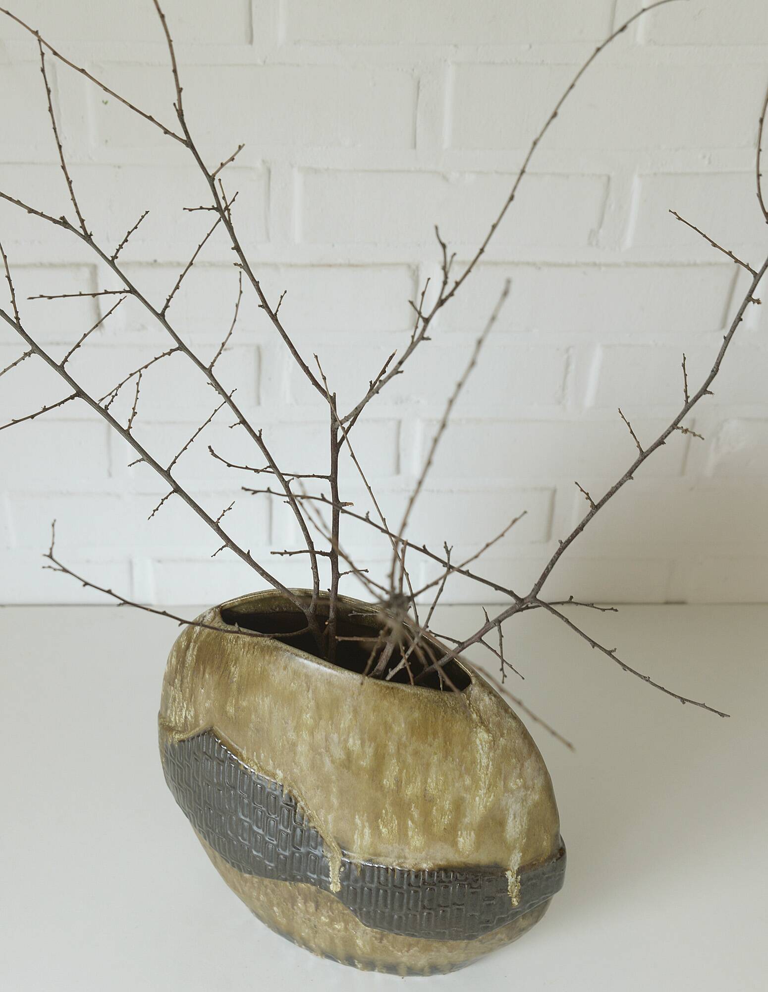 Vintage ceramic floor pampas grass vase brown fat lava pottery Germany 70's