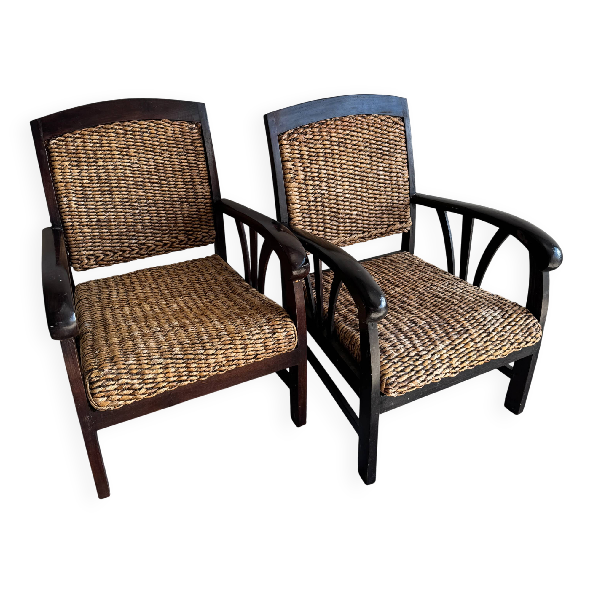 Set of two colonial dark-brown wooden armchairs with natural rattan seating (pair)