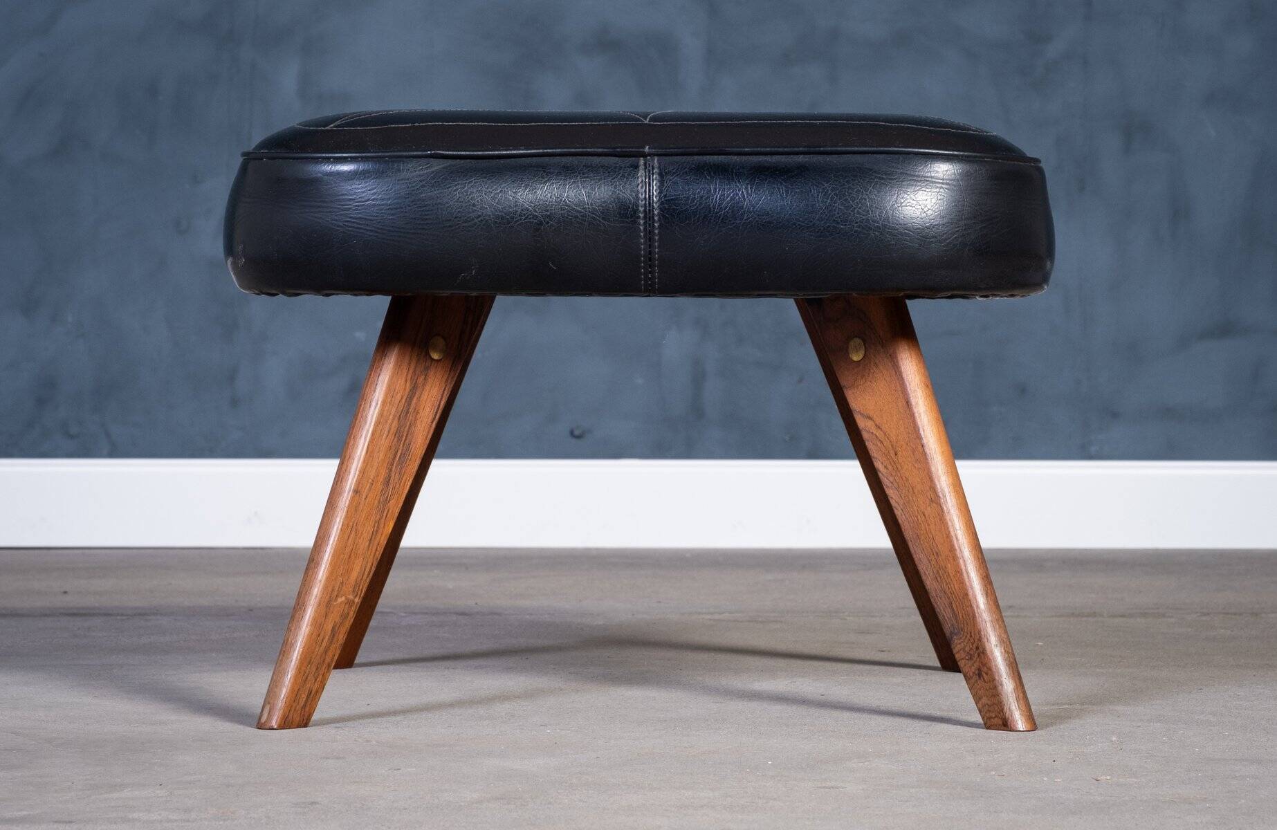 Mid-Century Teak Stool with Black Leather Seat, Denmark, 1960s