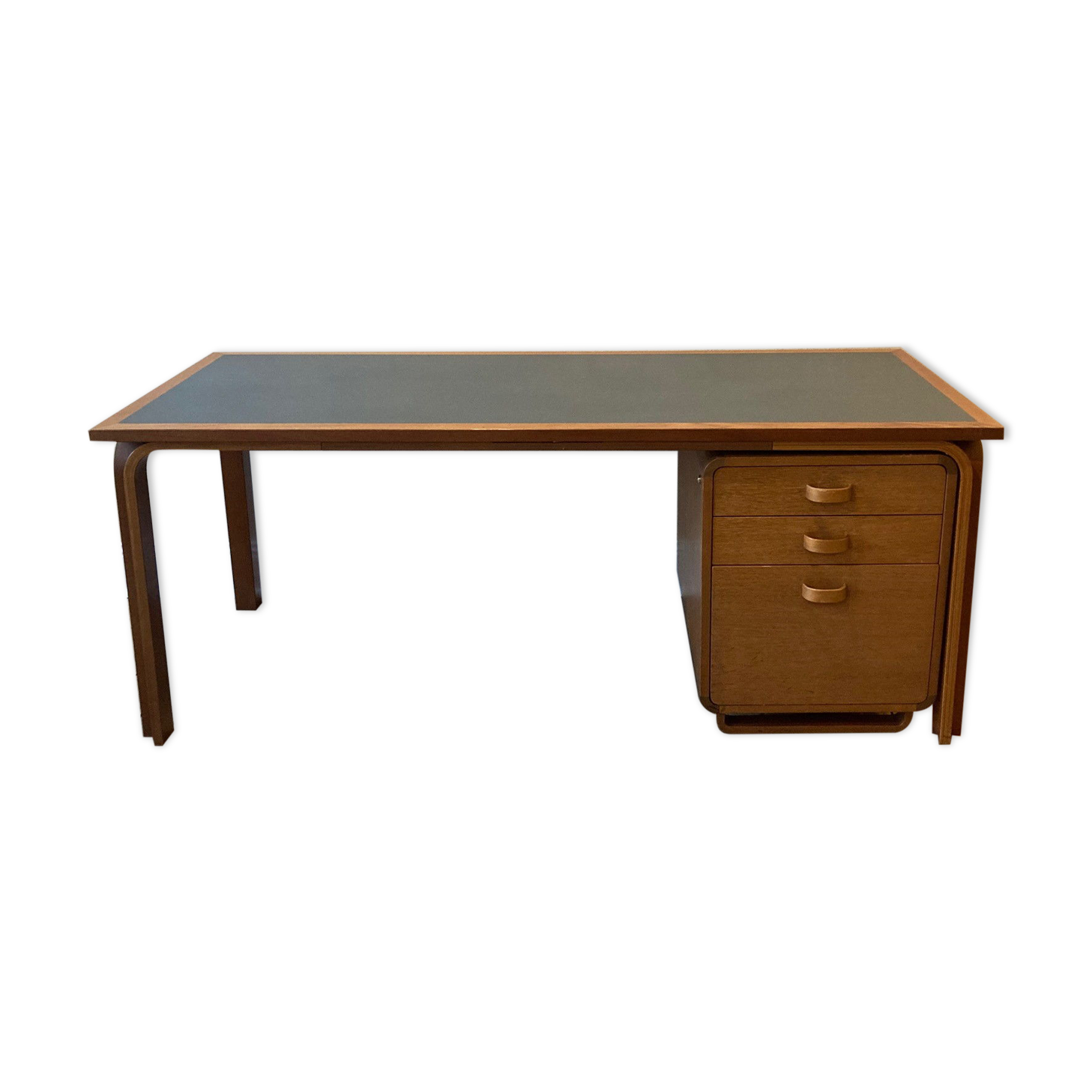 Teak veneer and green linoleum pedestal desk, Rud Thygesen & Johny Sorensen