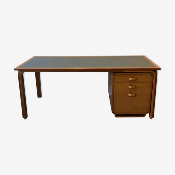 Teak veneer and green linoleum pedestal desk, Rud Thygesen & Johny Sorensen