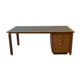 Teak veneer and green linoleum pedestal desk, Rud Thygesen & Johny Sorensen