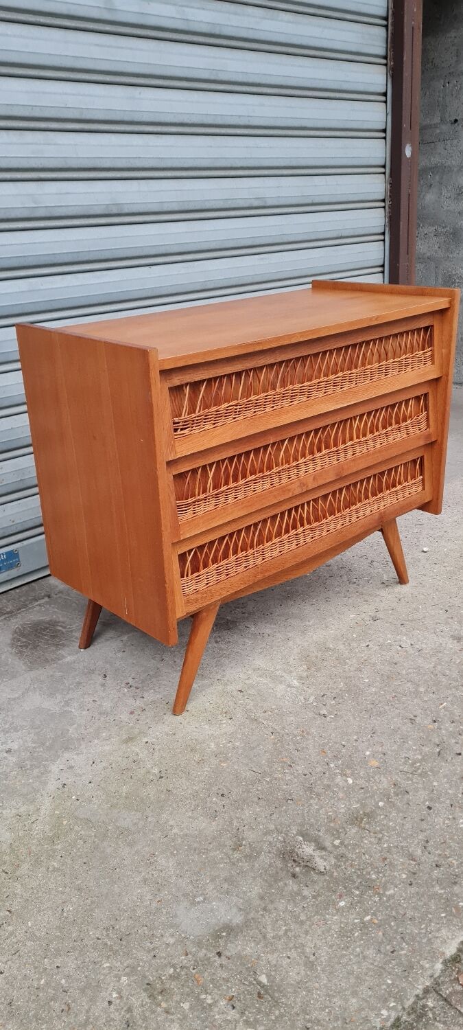 Commode vintage pied compas et rotin