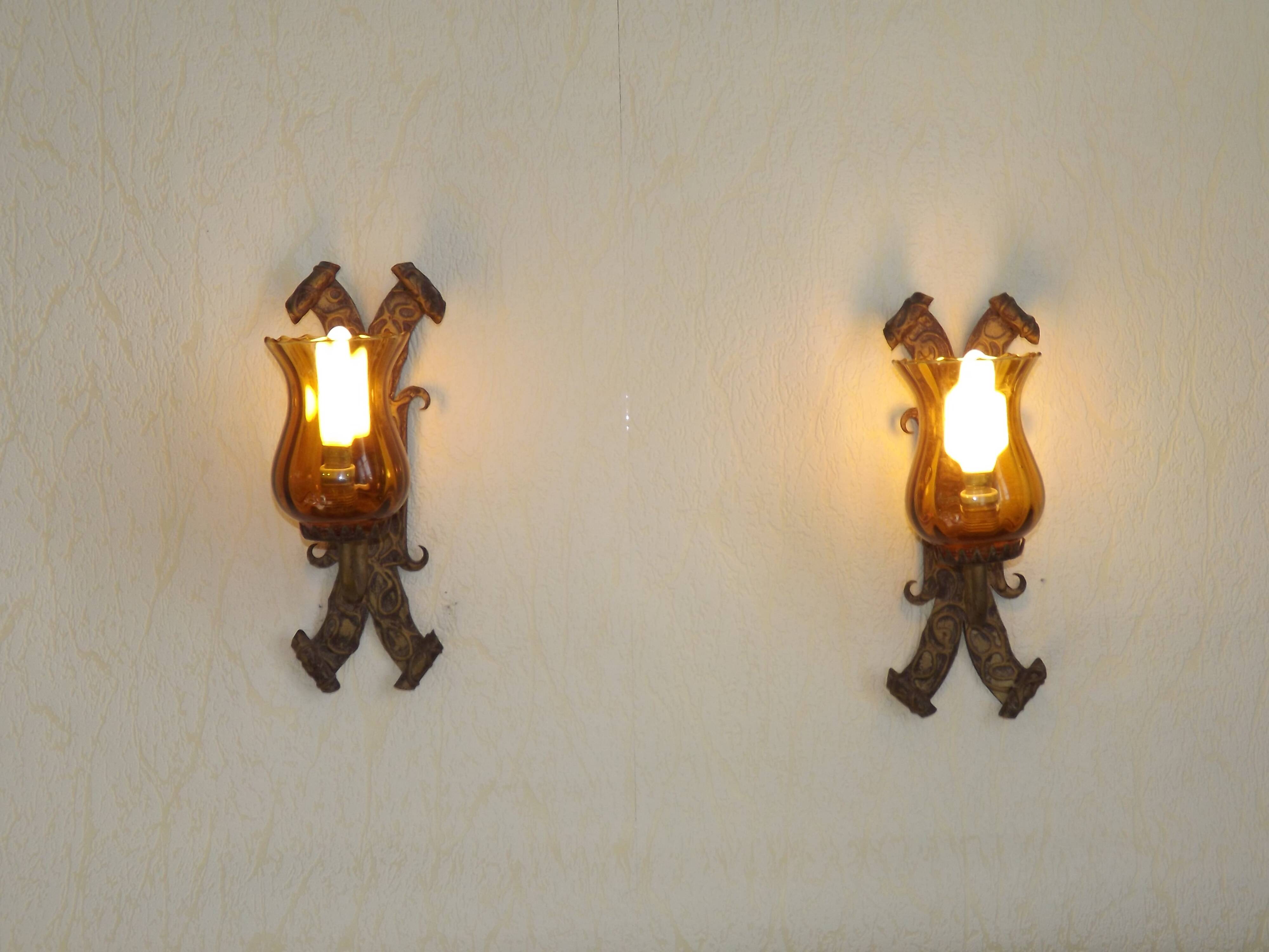 Pair of Hand Forged Wrought Iron Medieval Style Wall Lights with Amber Shades 42