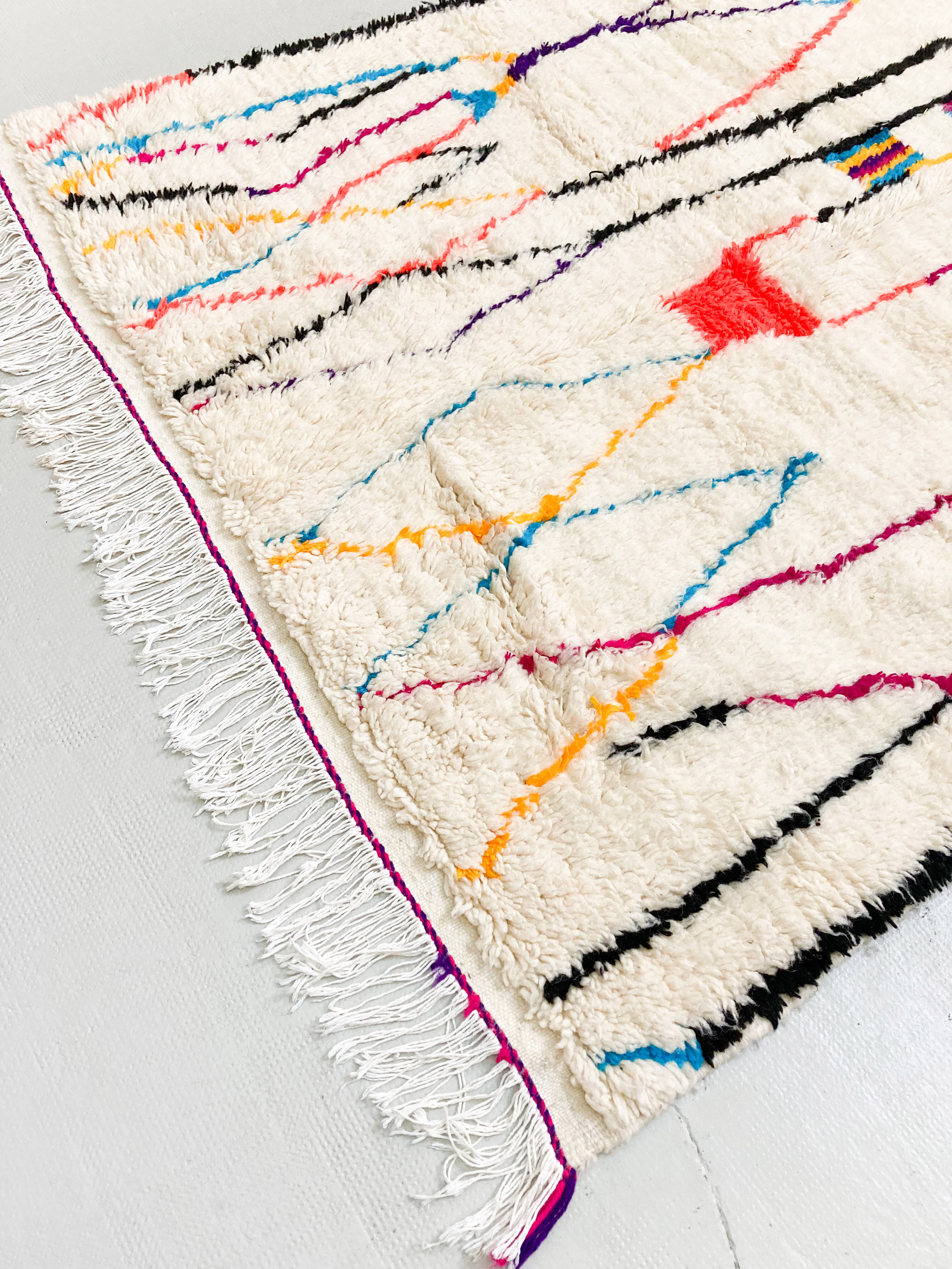 Moroccan Berber carpet azilal ecru with colorful patterns 264x147cm