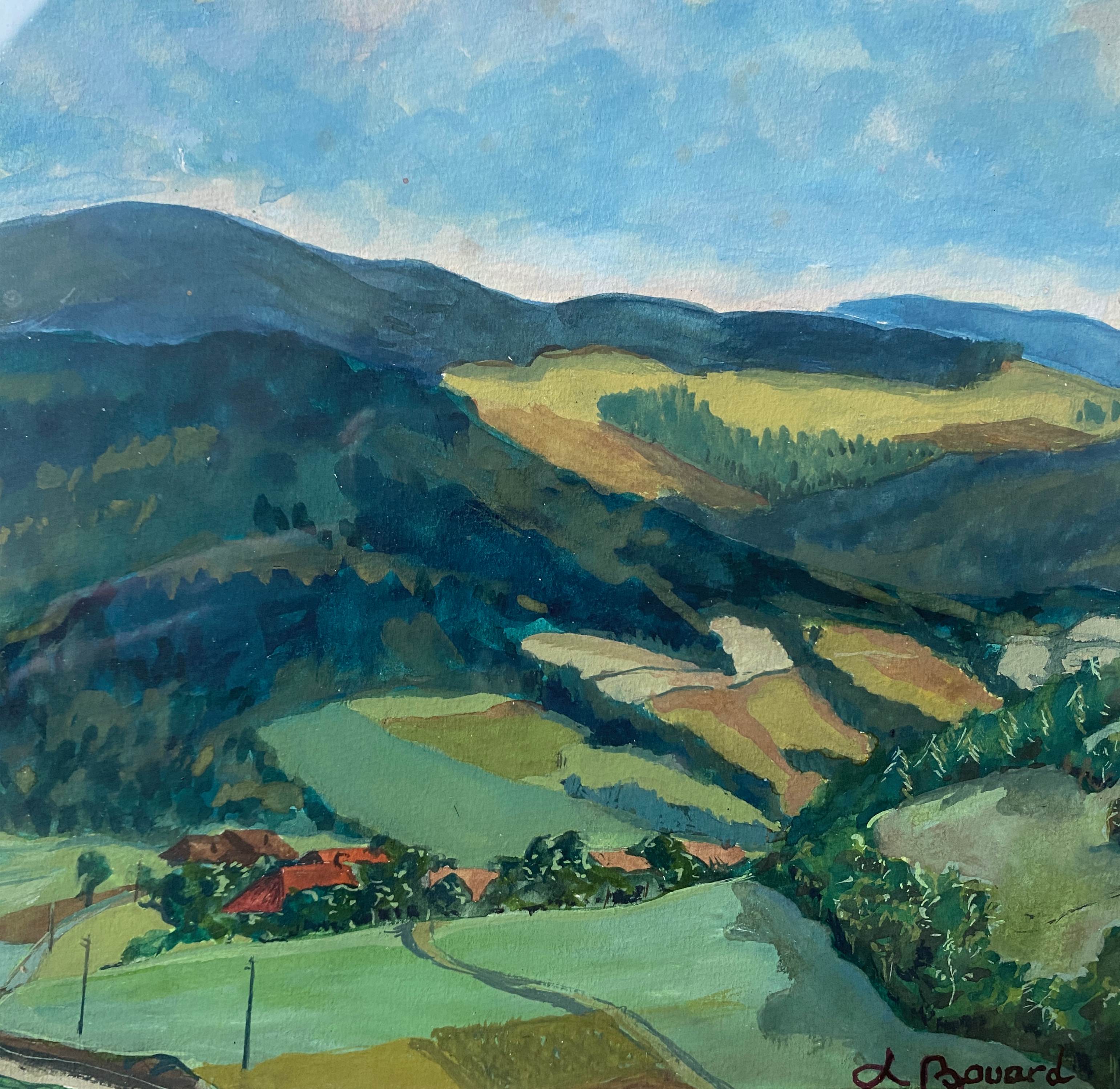 Gouache painting "View of the Valley" signed L. Bouard + frame