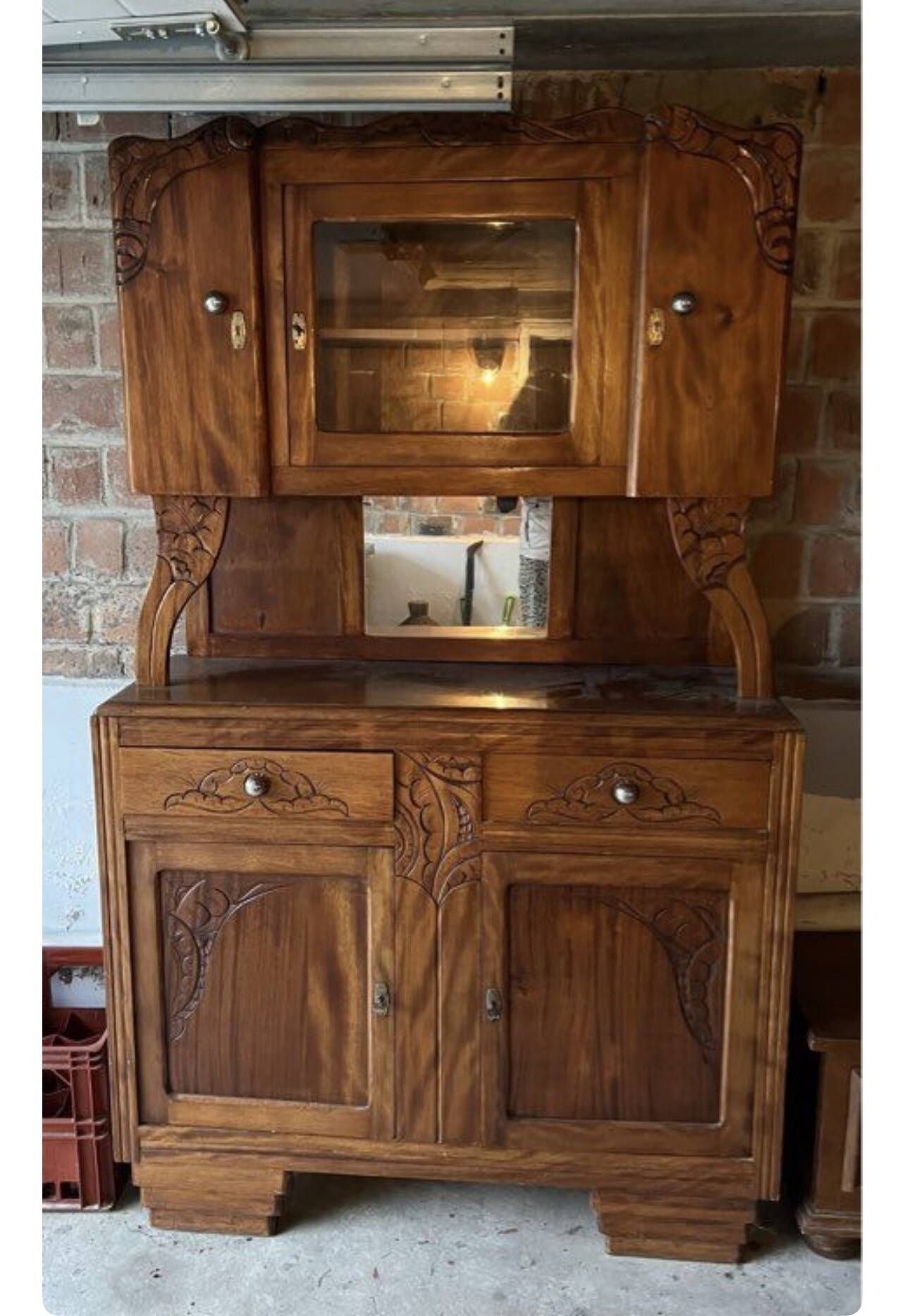 Two-body buffet, antique carved wooden – Art Nouveau – display case and mirror