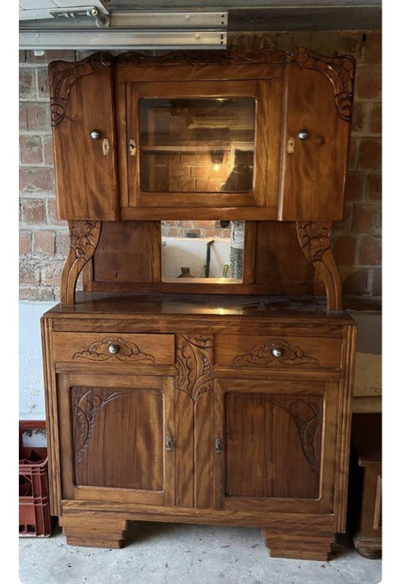 Two-body buffet, antique carved wooden – Art Nouveau – display case and mirror