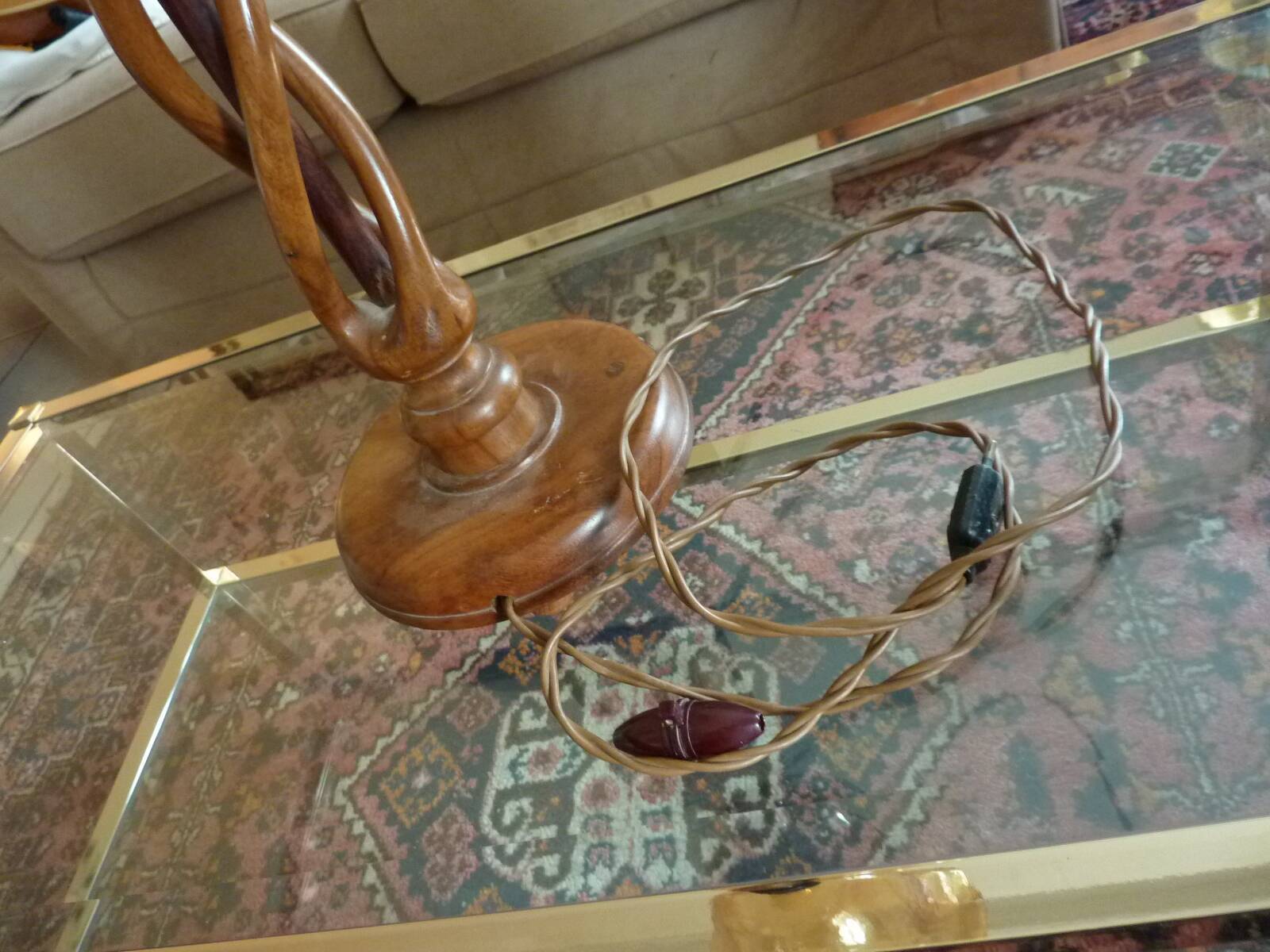 TWISTED WOODEN FLOOR LAMP, ENGRAVED GLASS GLOBE