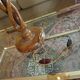 TWISTED WOODEN FLOOR LAMP, ENGRAVED GLASS GLOBE
