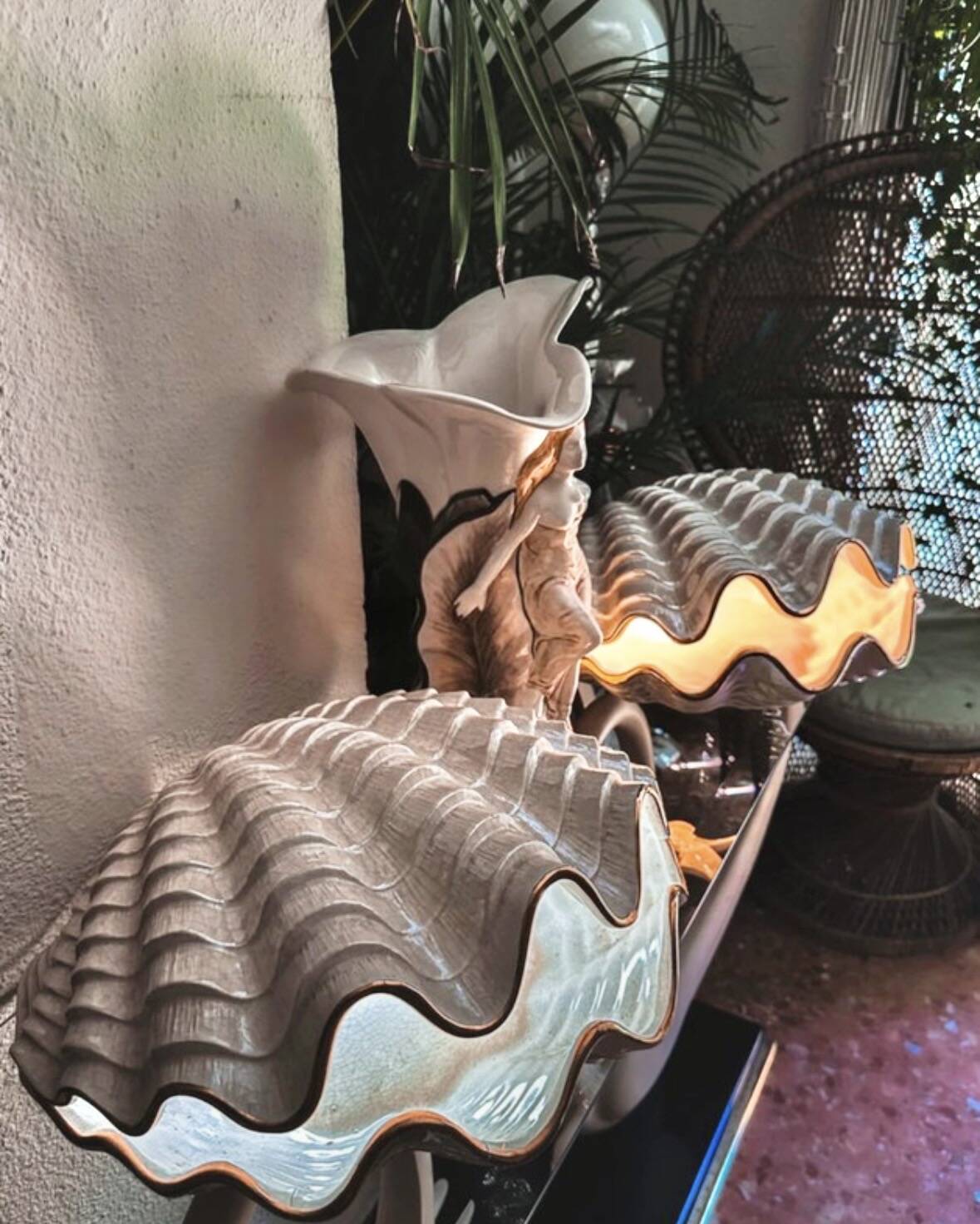 Paire de lampes en céramique nacrée en forme de coquillage, BON DÍA, années 60