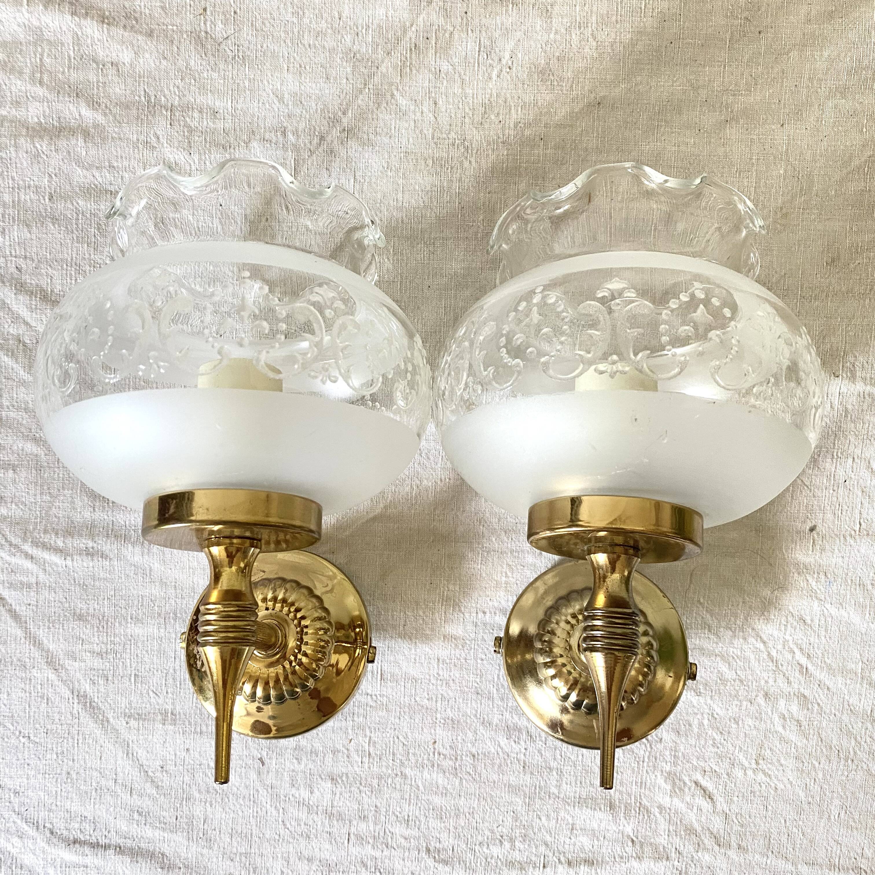 Pair of glass and brass wall lights