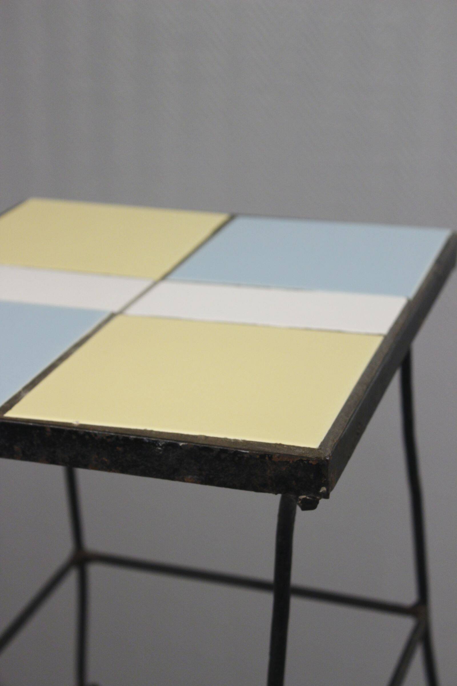 Vintage side table, wrought iron & ceramic tiles, 1950s design.