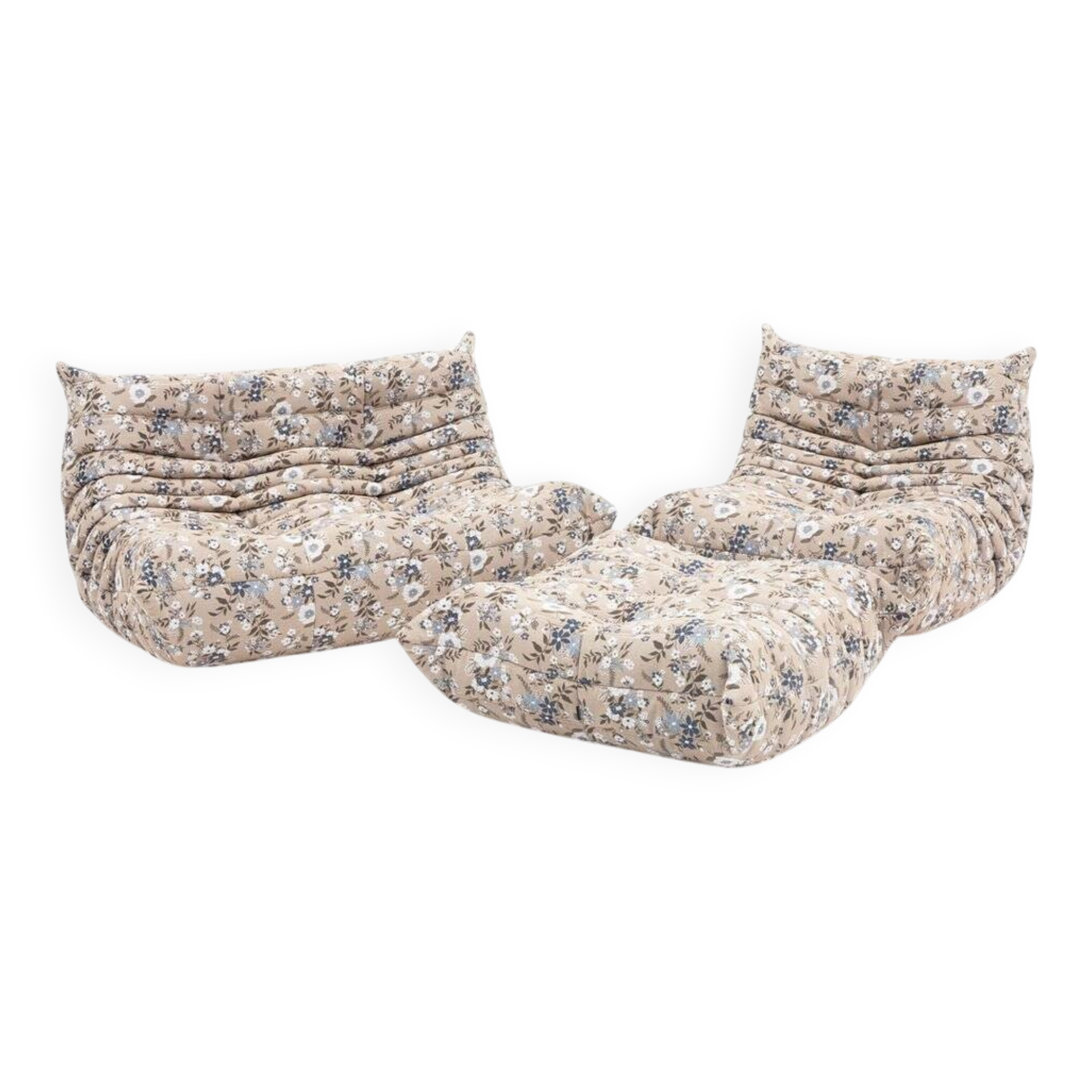 Togo lounge chair with pouf and 2-seater sofa in patterned fabric by Michel Ducaroy for Ligne Roset, set of 3