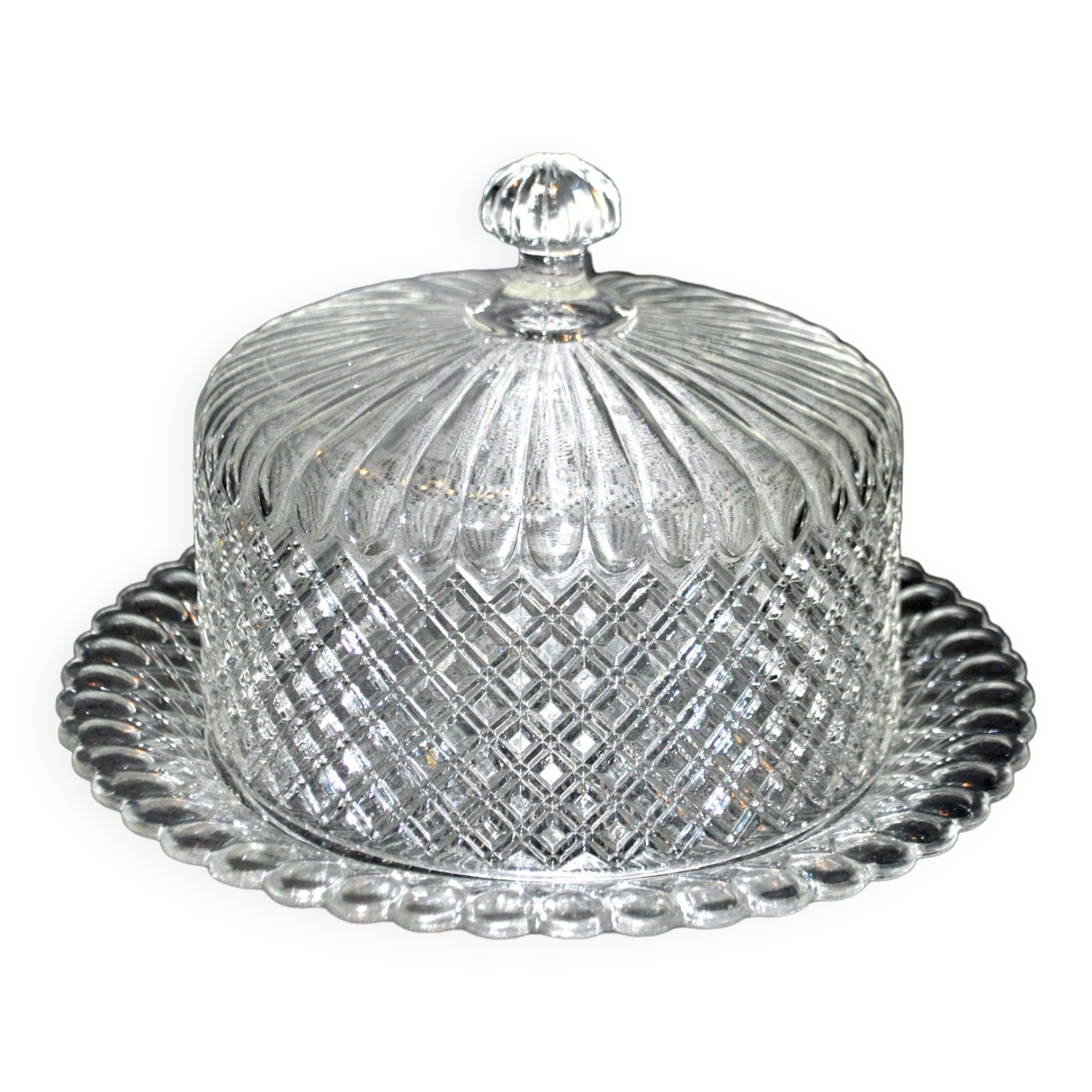 Vintage cheese bell in pressed glass molded DIAMOND 16cm
