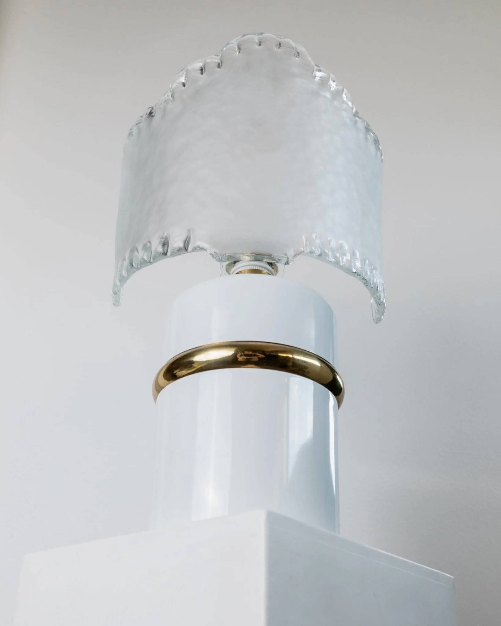 Vintage Murano glass table lamp – white, gold metal base, frosted glass shade – Italy 1980s