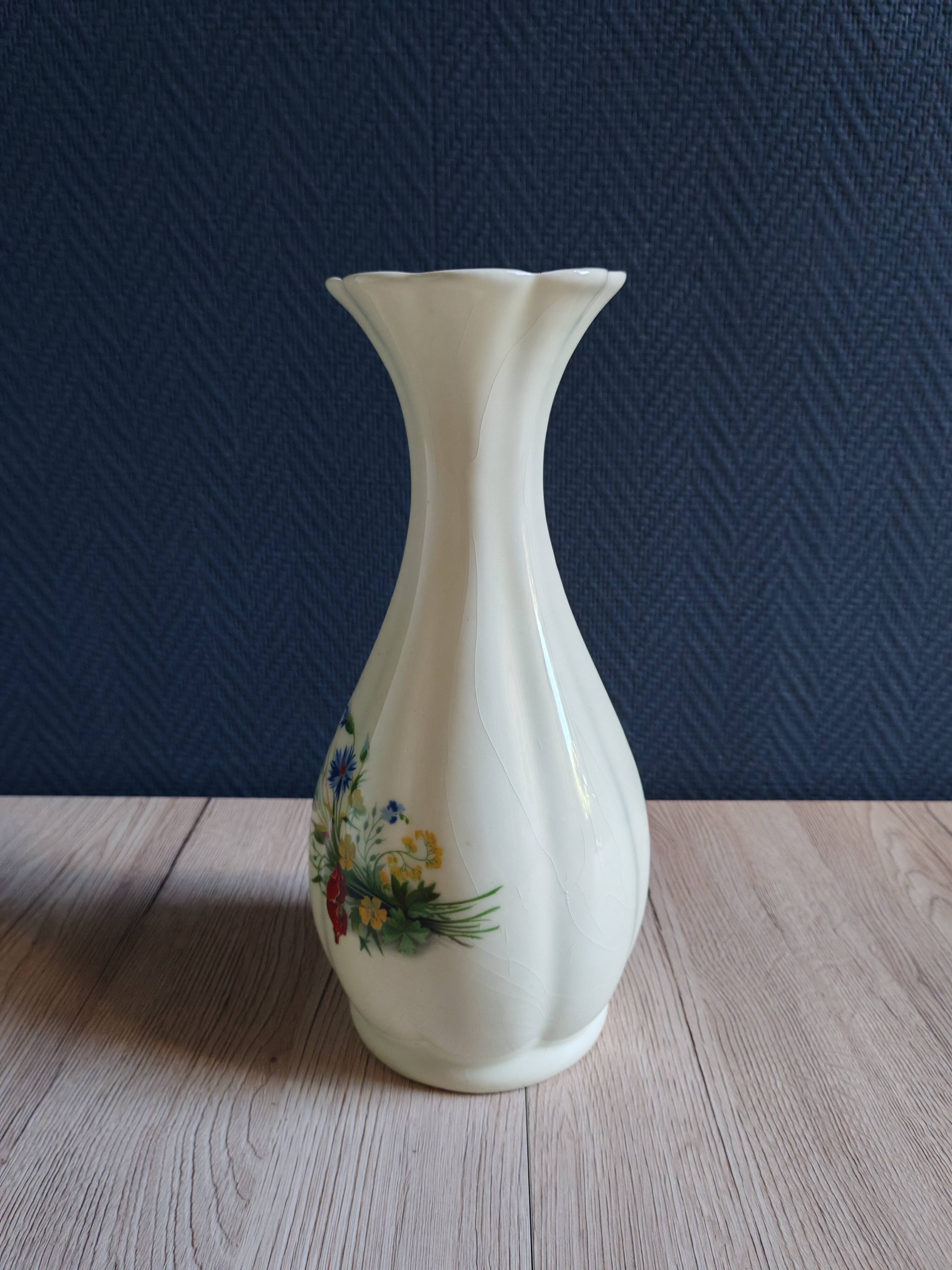 Vintage White Broken Ceramic Vase with Floral Pattern, Ribbed Vase