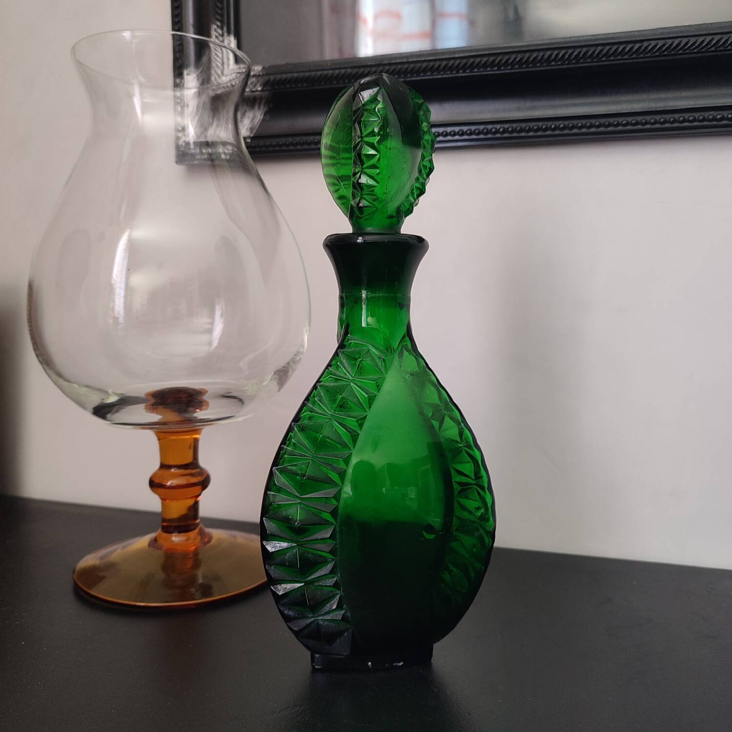 Vintage green carafe in chiseled glass