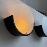 Pair of vintage geometric wall lights, black metal and sandblasted glass, Delmas France 1970