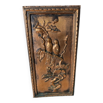 Vintage umbrella stand in wood and embossed copper, bird decor