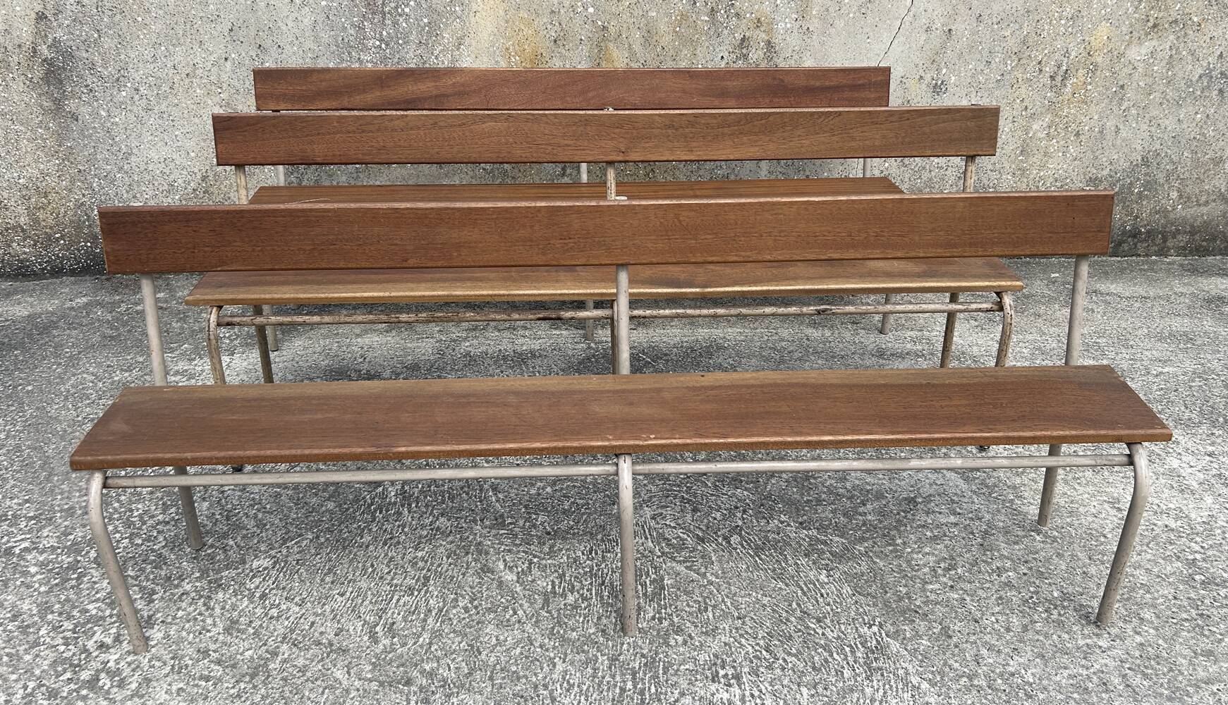Three tubular and solid wood benches, boarding school, vintage, 1950s