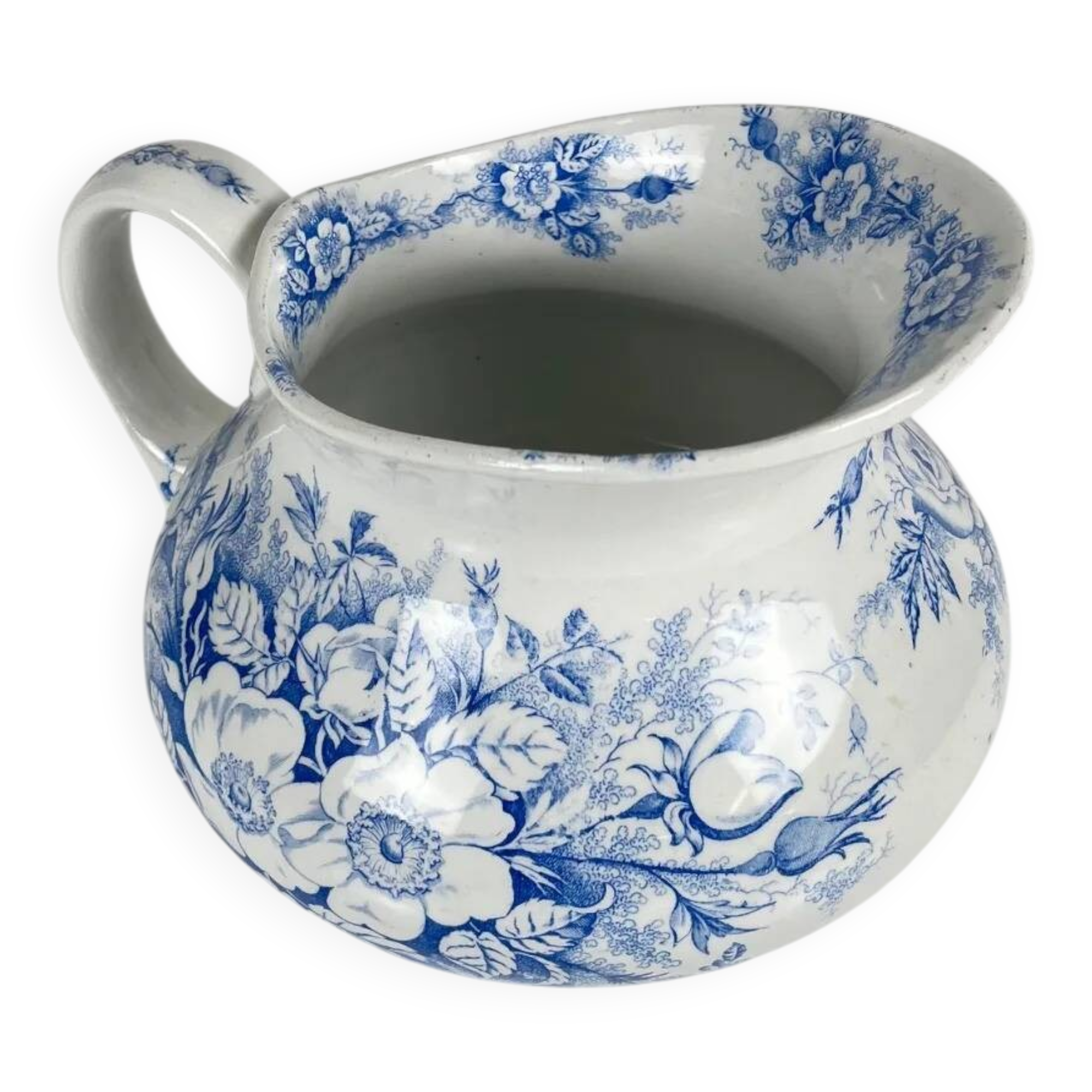Chubby pitcher, old toilet jug KG Lunéville, blue flower pattern, late 19th to early 20th century.