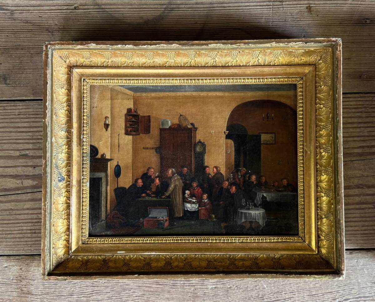 Pair of paintings, animated family scenes, oils on canvas, early 19th century