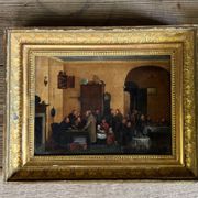 Pair of paintings, animated family scenes, oils on canvas, early 19th century