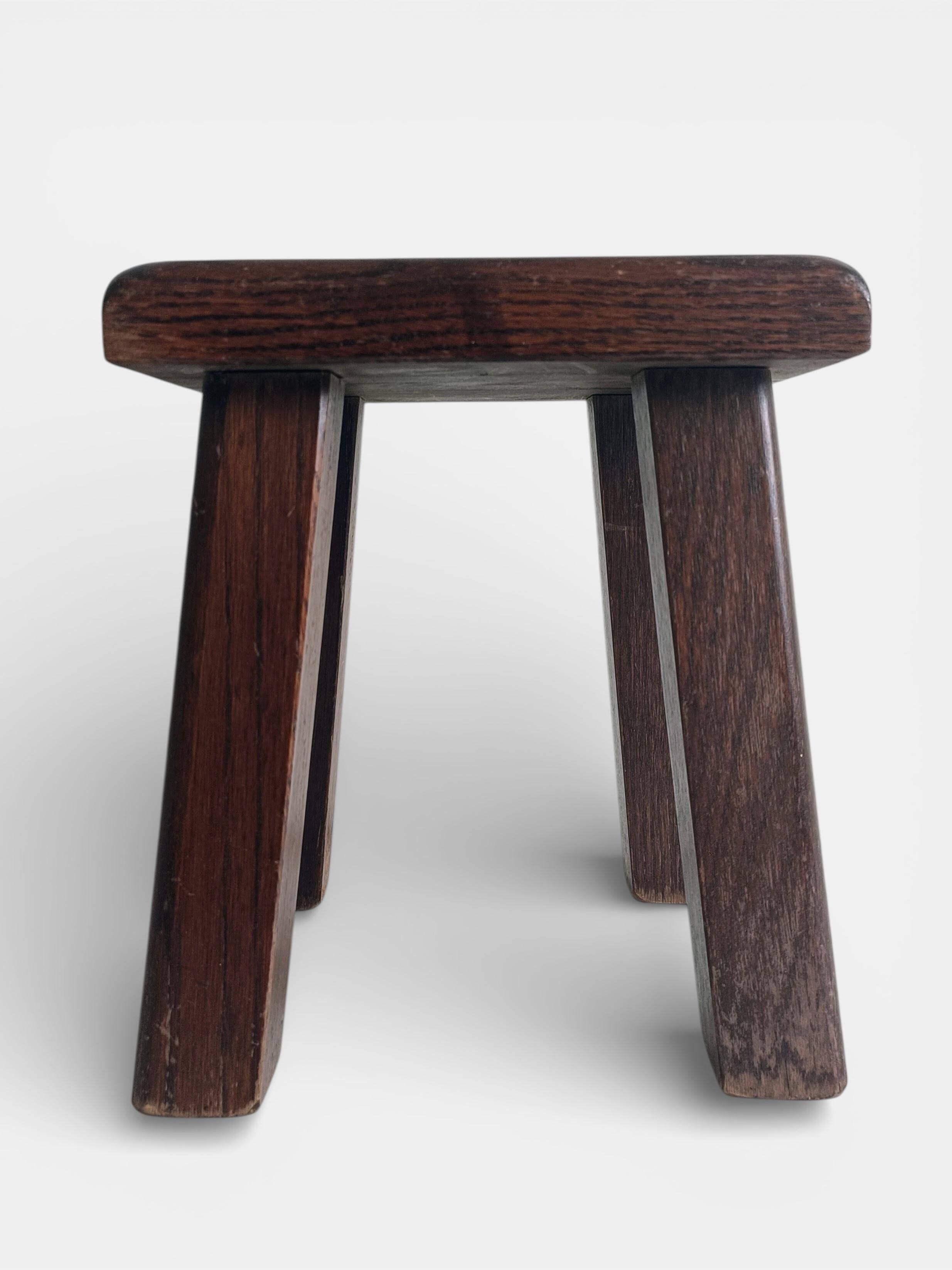 Vintage Rustic French Oak Stool in Pierre Chapo Style, Early 20th-C