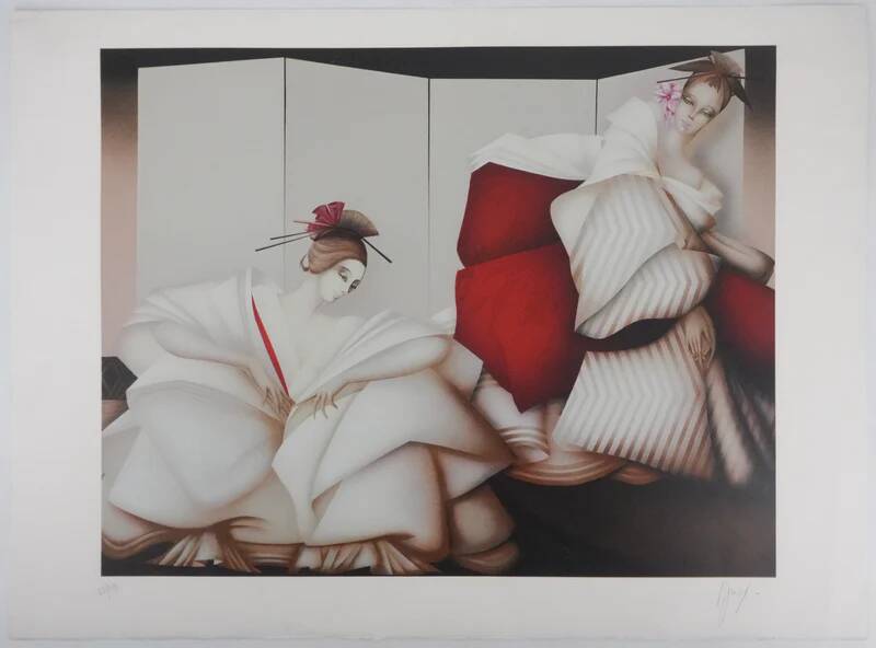 Philippe Augé: Women in white dresses, original signed lithograph
