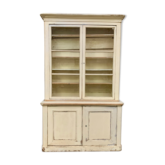 Vitrine bibliothèque buffet deux corps milieu XIXeme en sapin patine blanc
