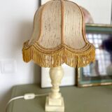 Vintage alabaster lamp base with fringed pagoda shade