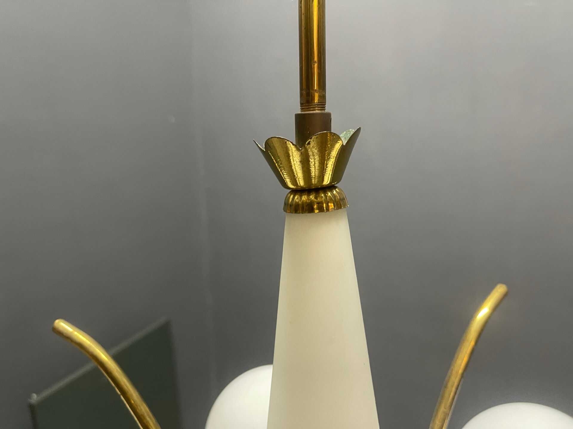White Opaline Glass & Brass Chandelier, 1960s